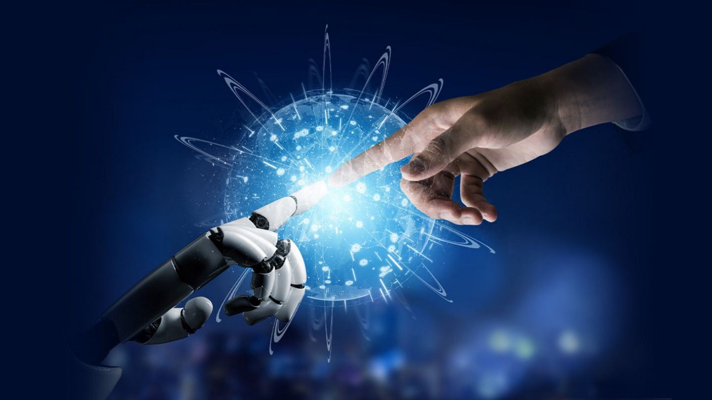 Robot finger and human finger touching together